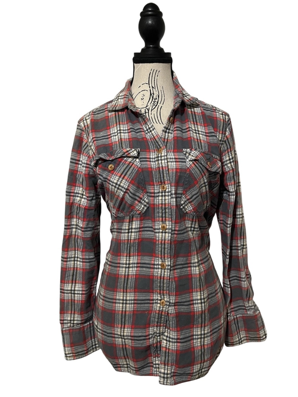 J Crew Women's Red and Gray Plaid Long Sleeve Shirt Size 6 Front Pockets